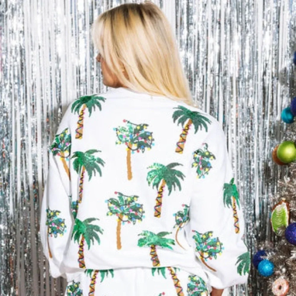 White Christmas Light & Palm Tree Sweatshirt by Queen of Sparkles. - Picture 2 of 6